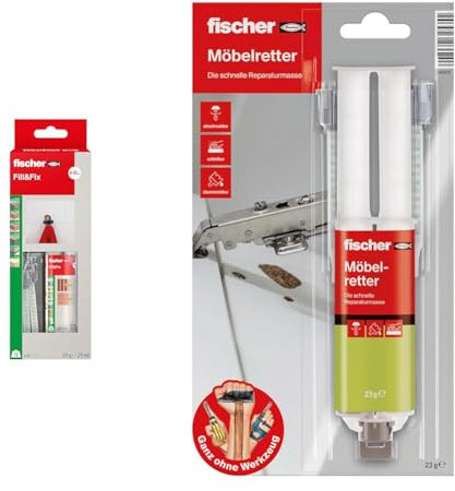 fischer Fill & Fix & Möbelretter, Holzspachtel in Beige, Reparaturmasse für ausgerissene Scharniere & Dübel, geeignet für Holz & Plattenbaustoffe, 23 g