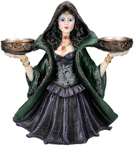 Figura de bruja portavelas, doble compartimento, color lila y verde, 24 cm, piedra artificial, para velas de té de hasta 4,5 cm, artículo decorativo de fantasía, pintado a mano