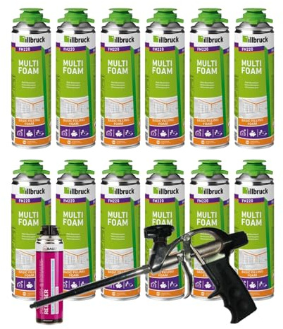 FM220 Lot de 12 mousses de construction, de montage, pour fenêtre, haute isolation phonique, isolation thermique, 500 ml, avec nettoyant AA290 + pistolet à mousse professionnel en téflon
