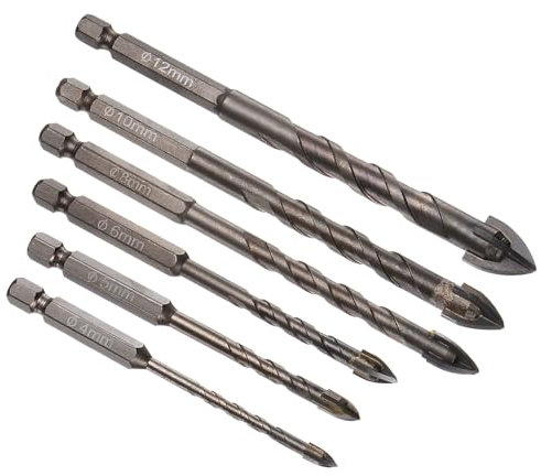Kozelo 6pcs Masonry Drill Bit Set - [ 4mm to 12mm ] Concrete Drill Bit Set for Brick/Metal/Glass/Wood Use, 1/4 Hex Shank, Carbide Tipped, High Speed Steel