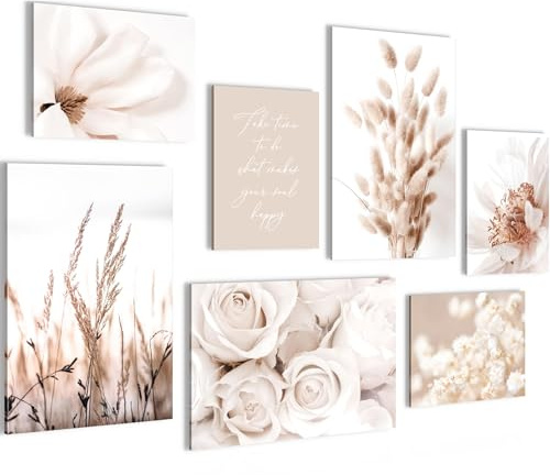 Novart Wandbilder Boho Blumen - KOMPLETT AUFHÄNGFERTIG - Beige Wohnzimmer Schlafzimmer - 7 Moderne Mood-Bilder - N023272a
