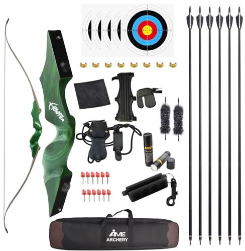 60 Schwarzer Jäger Original Recurve Bogen Set Amerikanischer Jagd-Langbogen Bogenschießen Holzbogen 20-60lbs Rechts/Linkshänder für Bogenschießen Jagd Schießen Praxis (Linke Hand Set grün, 25Ibs)