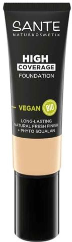 SANTE Naturkosmetik High Coverage Natural Foundation 01 Cool Ivory, vegane Grundierung mit Bio-Peptiden, mit hoher Deckkraft und einem natürlichen Finish, pflegende und nachhaltige Formel, 25 ml
