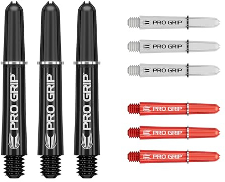 Target Darts PRO Grip Shafts Set med 9 | 3 färger, svart/vit/röd, 33,5 mm | dartstjälkar, professionella darttillbehör, multipack 2BA träd med ringar