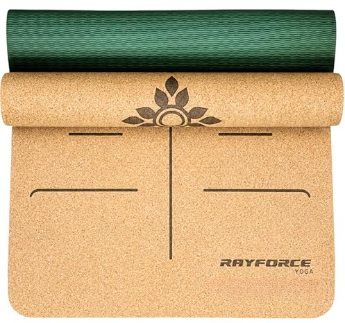 Yogamatte, Premium-Kork und Gummi, umweltfreundlich, rutschfest, schweißresistent, mit Ausrichtungslinien, 6 mm dick zur Gelenkunterstützung, nachhaltig und biologisch abbaubar, 183 x 66 cm, Grün