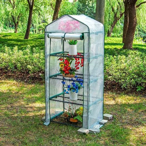XLJKNLP 4-Stöckiges Begehbares Gewächshaus mit Stahlrahmen und PVC/PE-Abdeckung, Regenfester, Frostsicherer Pflanzenwintergarten Für Garten, Isolierter Schuppen Für Gartenterrassen-innenveranda