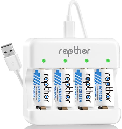 Rapthor 3.7V 900mAh Wiederaufladbare 4er Pack Akku und Ladegerät Kompatibel mit Arlo VMC3030 VMK3200 VMS3330 3530, Taschenlampe Polaroid Mikrofon Ersatz 123 Batterien