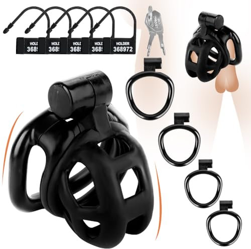 GKLWEJ Gabbia per pene, gabbia per pene con 4 anelli per il pene e serratura, cintura di castità uomo,nero,XXS