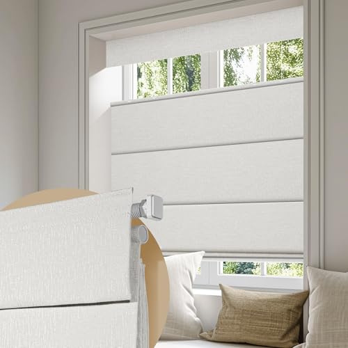 Boolegon No Drill Cordless Roman Shades for Windows, No Fray Blackout Top Down Bottom Up Roman Blinds No Tools,Easy Install for Indoor Windows, Living Room, Bathroom,My White,Custom Size