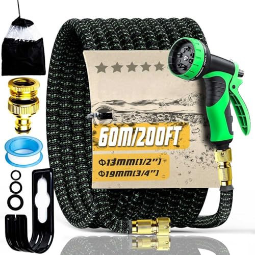 Garden Hose 200FT 60M, Durable 3-Layer Latex Water Hose with 3/4 inch and 1/2 inch Connectors, Kink-Free and Leak-Proof, 10-Function Spray Nozzle for Garden Watering, Car Washing and Cleaning