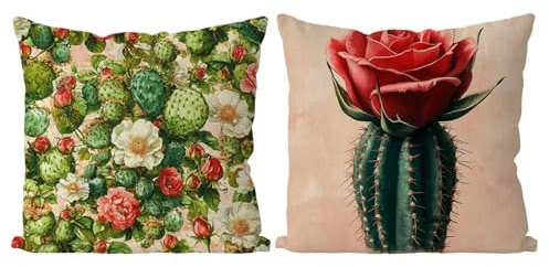 Coussin Exterieur Cactus Housse de Coussin Lot de 2 Fleur Coussins Canape Taie Oreiller 45x45 Doux Carré Décoratif Housse de Canapé Coussins d'extérieur pour Decoration Chambre,Canapé,Chaise T4-148