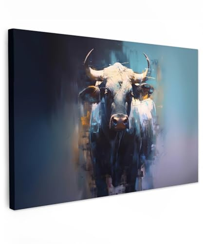 MuchoWow© Leinwandbilder Groß XXL Wall Art Decoration Bilder für die Wand | 120x80 cm - Schlafzimmer Deko Canvas Painting Wanddekoration Wohnzimmer Stier - Schwarz - Abstrakt - Hörner