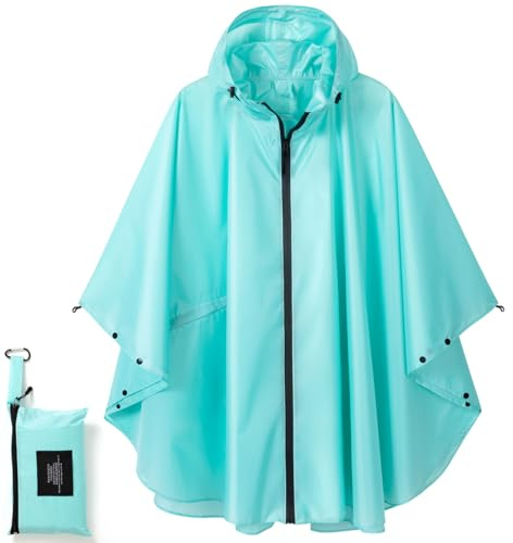 Royalotic Rain Poncho Reusable Adult Waterproof Hood Raincoat Packable Rain Jacket Zipper Rainwear Lightweight Cape with Pocket (light blue)