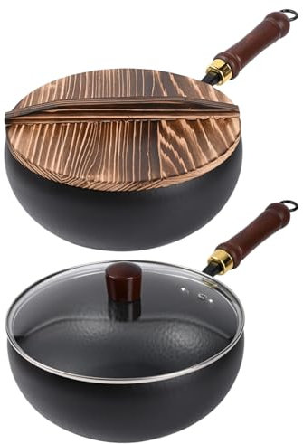 Padella Wok - Padella In Ferro Battuto a Mano | Padella In Ferro Naturale Multifunzionale Per Cucina Professionale, Casa, Ristorante, Interni Ed Esterni Con Coperchio