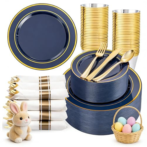 WDF Partyware 350PCS Navy Blue and Gold Plastic Plates with Rolled Napkins Include Dinner Plate 10’’, Dessert Plate 7’’, gold Cups 9 OZ, Pre Rolled Napkins for Birthday/Wedding/Party/Graduation
