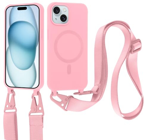 Jrkvniv Cover per iPhone 15 Plus con Cordino [Compatibile con MagSafe ] Custodia con Regolabile Laccio Collana Tracolla, Ultra Sottile Silicone Antiurto AntiGraffio Case per iPhone 15 Plus 6,7, Rosa