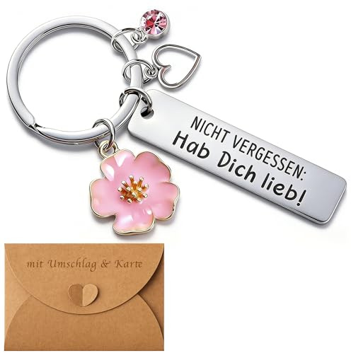 Luzzxfa Schlüsselanhänger Edelstahl Gravur – Geschenk Frauen Männer, Hab dich lieb Mutmacher Glücksbringer mit Blume Herz Kristall, Schlüsselanhänger Geburtstag Muttertag Valentinstag Weihnachten