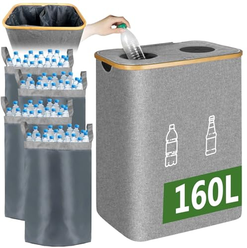 Pfandflaschen Sammelbehälter 2 Fächer, 160L Pfandflaschen Behälter mit 4 Tragetaschen, Große Aufbewahrung Pfandflaschen, Leergut Altglas Sammelbehälter Deckel, Flaschentasche Küche Abstellraum, Grau