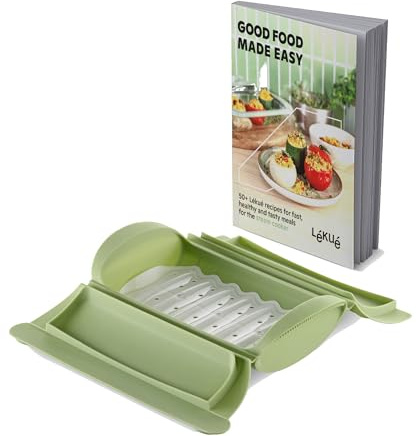 Lékué Estuche de vapor silicona platino Verde con bandeja y libro de recetas en INGLES, 1-2 personas, 650 ml