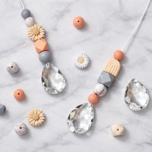 10x DIY Bastelset Sonnenfänger Lichtfänger Fensterdeko Boho | kreative Aktivität für Gruppen, mit 38mm Kristall-Anhänger, Silikonperlen-Mix, ca. 40m Faden