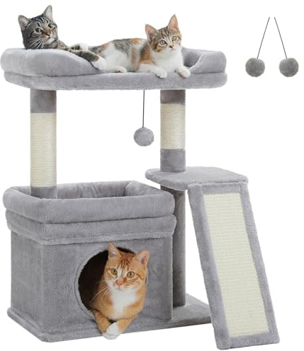 PETEPELA Kratzbaum klein für große Katzen Katzenbaum mit Kratzstamm | Mit breiter Liegefläche, Katzenhöhle und Kratzpad für Wohnungskatzen, stabil und platzsparend, Grau