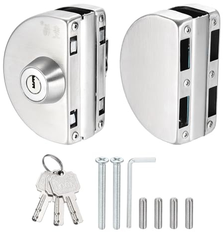 PATIKIL Verrou Pour Porte En Verre, 304 Acier Inoxydable Verrou Pour Porte En Verre Sans Cadre Type Double Battant Pour 10-12mm Épaisseur Verrouillable Interne, Argent