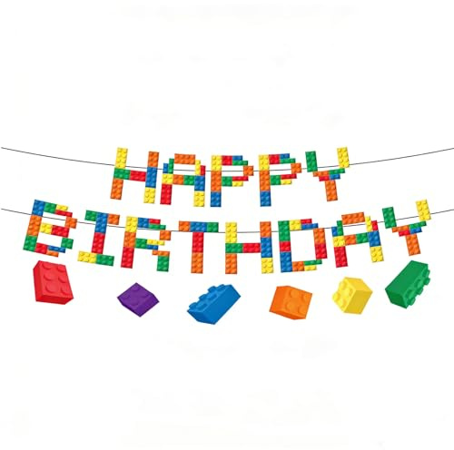 Bausteine Geburtstag Deko, Happy Birthday Girlande Party Banner Deko Bunte Baustein Partyzubehör Geburtstagsgirlande Mädchen & Jungen Birthday Decorations für Kinder Und Erwachsene, Partydeko