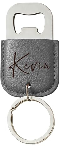 EDSG Personalised Bottle Opener Keyring, Stainless Steel & Leather Bottle Opener, Birthday Christmas Valentines Gifts for Him Husband Boyfriend, Wedding Best Man Groomsmen Gift (Grey, Design 1)