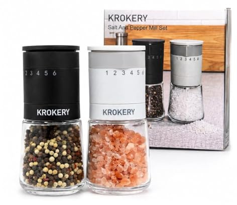 KROKERY Salt and Pepper Grinder Set, Manual Mill with Adjustable Ceramic Coarseness, Clear Glass, 2 Pack Spice Grinder