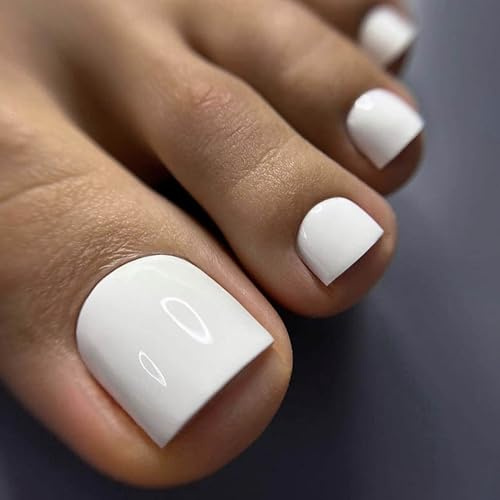 24 stycken Vita Korta Tånaglar Att Klistra På – Enfärgade Naturliga Franska Konstgjorda Tånaglar, Glansande Fotnäglar Att Klistra På, Fullständig Täckning Akrylmaterial För Nagelkonst-DIY (Vit)
