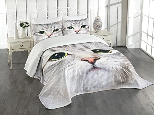 ABAKUHAUS Katze Tagesdecke Set, Digital-Nette Reizende Katze, Set mit Kissenbezügen Romantischer Stil, für Doppelbetten 220 x 220 cm,Graue Elfenbein