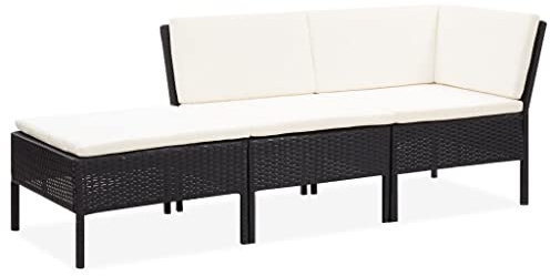 vidaXL Gartenmöbel 3-TLG. mit Auflagen Lounge Sofa Sitzgruppe Garten Garnitur Gartensofa Gartenset Mittelsofa Fußhocker Ecksofa Poly Rattan Schwarz