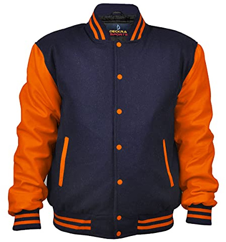 Deckra Men's Varsity Jacket Genuine Leather Sleeve and Wool Blend Letterman Boys College Varsity Jackets XXS-5XL (Navy Blue-Orange, 3X-Large)