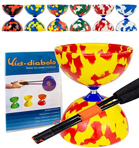Juggle Dream Jester Diabolo jonglörsset med fiberätpinnar och online-lärande video, jongleringsleksak (röd/gul)