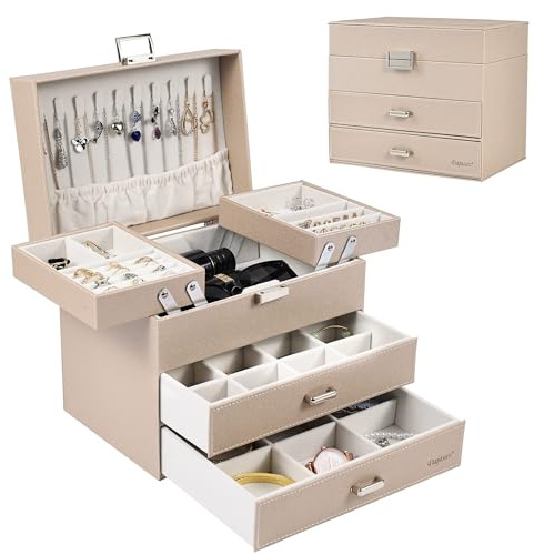 Dajasan Jewelry Organizer Box, Large Jewelry Boxes for Women Girls, Space-Saving 4 Layers Jewelry Storage Case with Drawer, Movable Metal Stand, Modern, Gift Idea (Champagne + Silver)