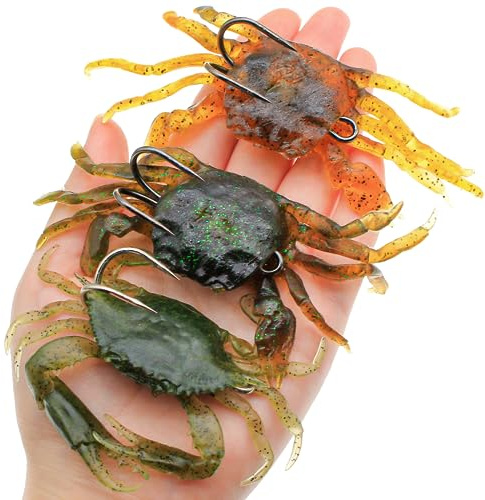 FishingPepo 3Pcs Fishing Soft Plastic Lures Crab Soft Lure with Double Fishing Hooks Crab Baits Traps Kit for Bass Saltwater Fishing
