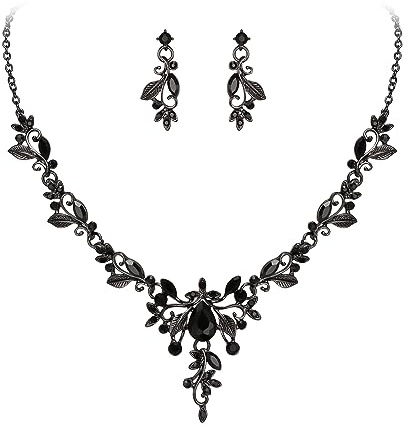 EVER FAITH Schmuck-Sets für Braut Österreichische Kristall Cluster Floral Vine Blatt Marquise Tropfen Halskette Ohrringe Set für Damen Schwarz Schwarz-Ton