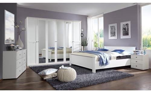 Lomadox Schlafzimmer Set 6-teilig mit Bett 160x200, 2 Nachttische, Kleiderschrank, Kommode, Spiegel in weiß