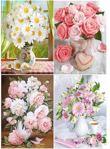 SHEGZHUC Set di 4 bouquet per diamond painting in vaso, 30 x 40 cm, per adulti, fiori e rose, margherite, peonie, viola, crisantemo, 5D, diamante, fiori, amore, caffè, paesaggio