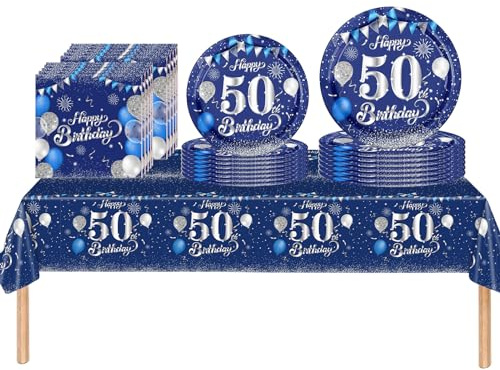 53Pcs Navy Blue and Sliver Happy 50th Birthday Party Tableware Set Plastic Table Cloth,Paper Plates Napkins 50th Birthday Table Decorations Disposable Tableware Kit for Man Men Him 50th Birthday Party