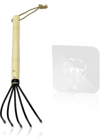 1 Rastrillo De Clavos De Cinco Puntas, 1 Gancho, Herramienta De Excavación Portátil, Rastrillo De Conchas De Playa, Mini Rastrillo De Acero, Rastrillo De Cinco Garras con Mango De Madera