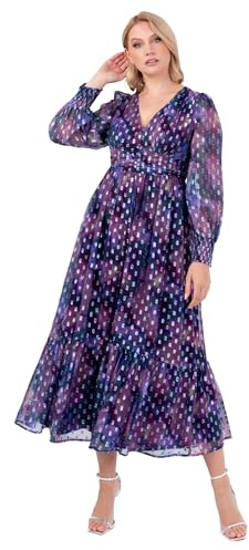 Lovedrobe Women's Midaxi Dress, V-Neck Long Sleeve Tiered Hemline Empire A-line Chiffon Faux Buttons Evening Occasion, Purple, EU 40 / UK 12, Purple, 14