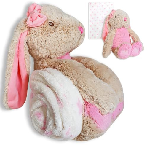 DaDaToys Peluche con manta, mullida, extrasuave, 100 x 73 cm (conejo rosa)