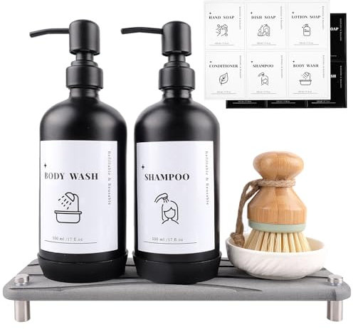 ILIKEPOW Black Glass Soap Dispenser Set 500 ml with Stainless Steel Pump, Waterproof Labels, Tray, Non-Slip Silicone Pad, Funnel and Dish Brush, Washing Up Liquid Bottle for Kitchen, Bathroom