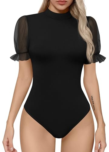Missufe Damen Elegant Rollkragen Kurzarm Sommer Mesh Body Oberteil T Shirt Stricktop (Schwarz, Medium)