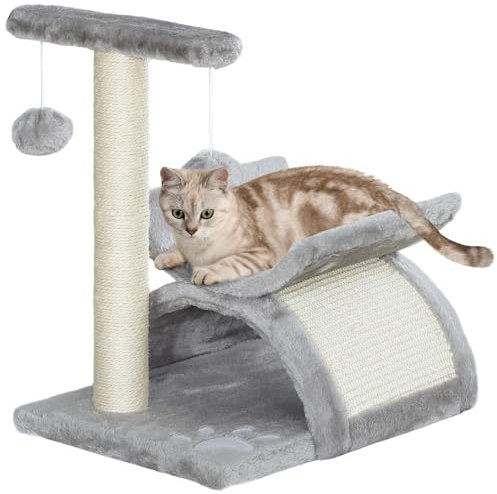 PawHut Arbre à Chat, Tour de Jeux pour Chats avec Pont à griffer en sisal, Poteau Rotatif supérieur, 2 balles suspendues et Tunnel Demi-Rond, 43 cm, Gris