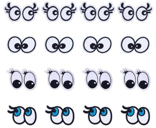 HOBBIESAY 32 Stück 4 Stile Schwarz Weiße Augen Aufnäher Bestickter Aufnäher Cartoon Augen Runde Applikationen Zum Aufnähen Dekorativer Reparaturflicken Für DIY Kleidung Jacken Westen Bastelarbeiten