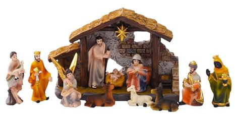 yanwuwa Presepe in resina della sacra famiglia con stalla e asino decorazione da tavolo natalizia per la casa vacanza centrotavola scultura presepe di Natale