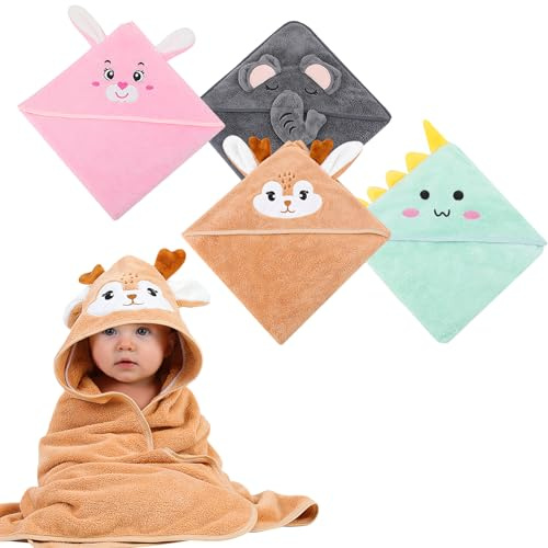 Xialvyu 4 Stück Kapuzenhandtuch für Babys,80x80 cm Babybadetuch aus Korallenvliesfür Babys Neugeborene Unisex