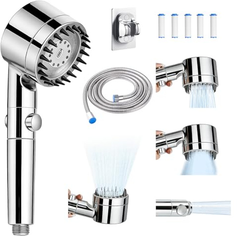 Pommeau de Douche Haute Pression, Pommeau de Duche Filtre, Douchettes Douche Salle de Bain 4 Modes Réglable, Douches à main avec 5 Filtre, Tuyau 2m Douchettes Économie Deau pour salles de bain